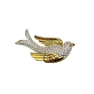 Vintage Nolan Miller Rhinestone Bird Brooch Dove Of Peace Clear Crystals Over Go